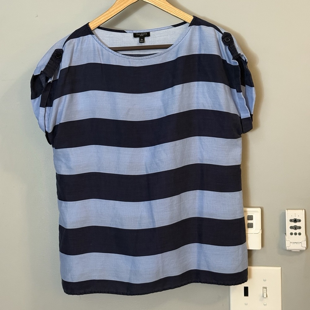 Talbots Top Nautical Stripe‎ Luxe Tencell Lyocell Cuffed Cap Sleeve Womens 10P